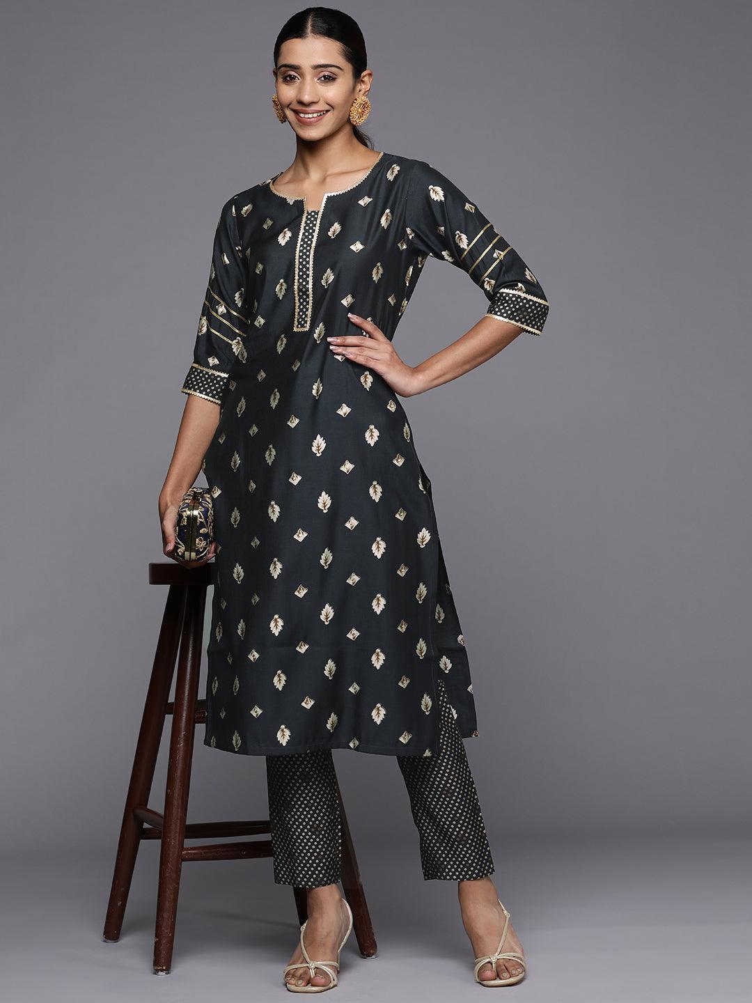 Grey Printed Silk Straight Kurta