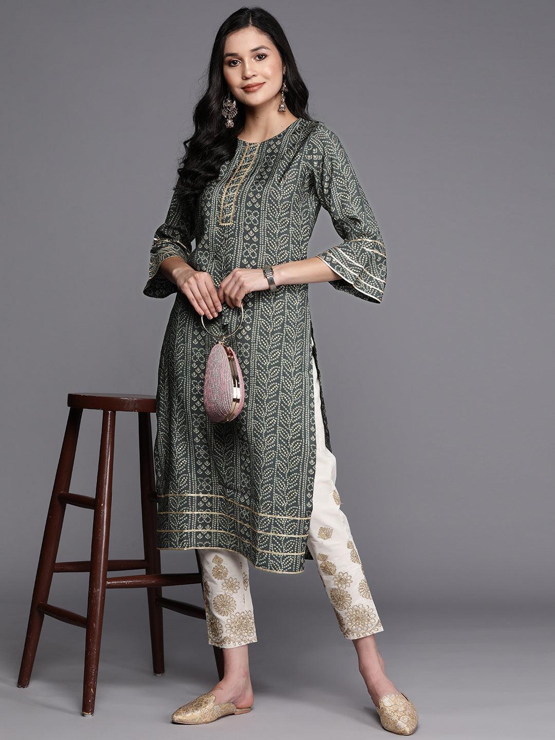 Grey Printed Silk Straight Kurta