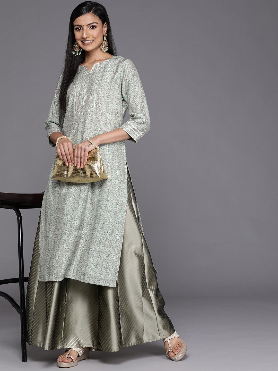 Grey Printed Silk Straight Kurta