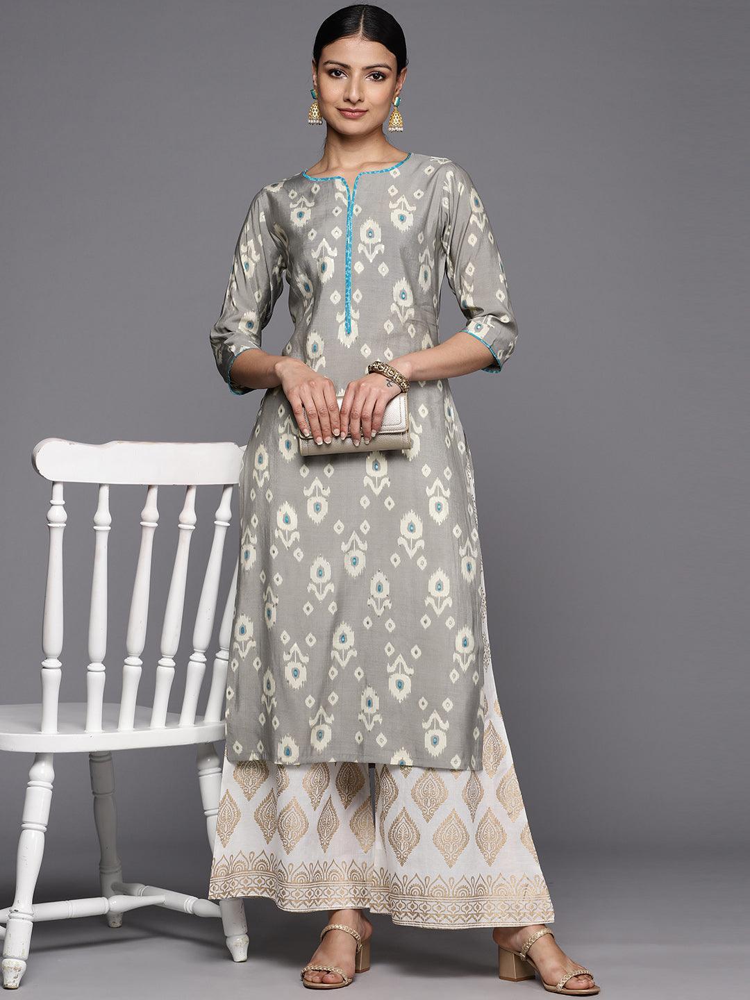 Grey Printed Silk Straight Kurta