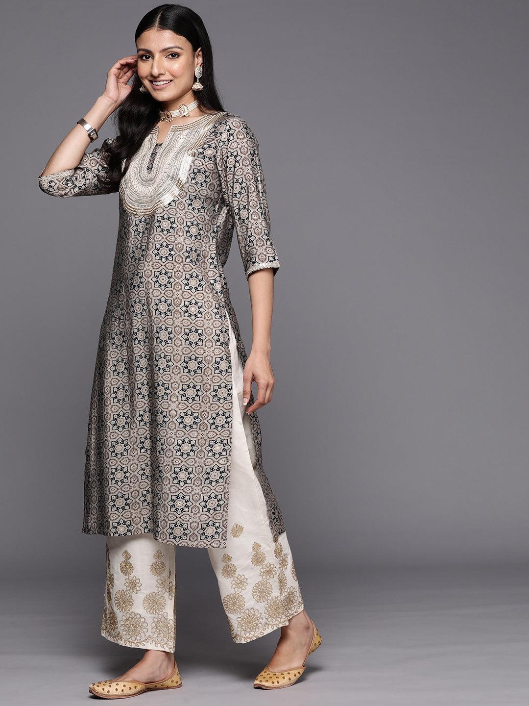 Grey Printed Silk Straight Kurta