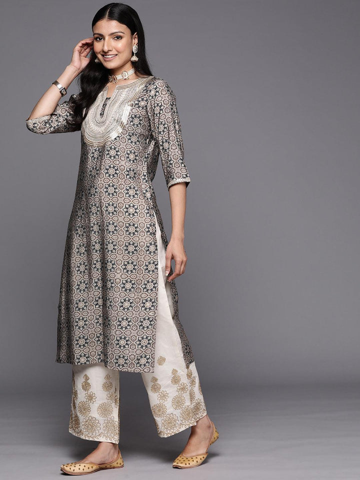 Grey Printed Silk Straight Kurta - ShopLibas