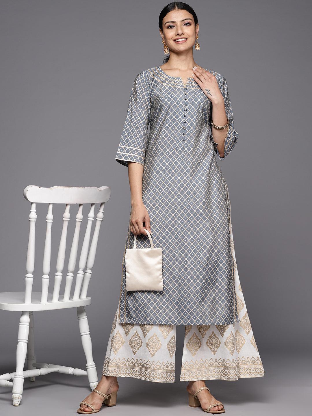 Grey Printed Silk Straight Kurta - ShopLibas