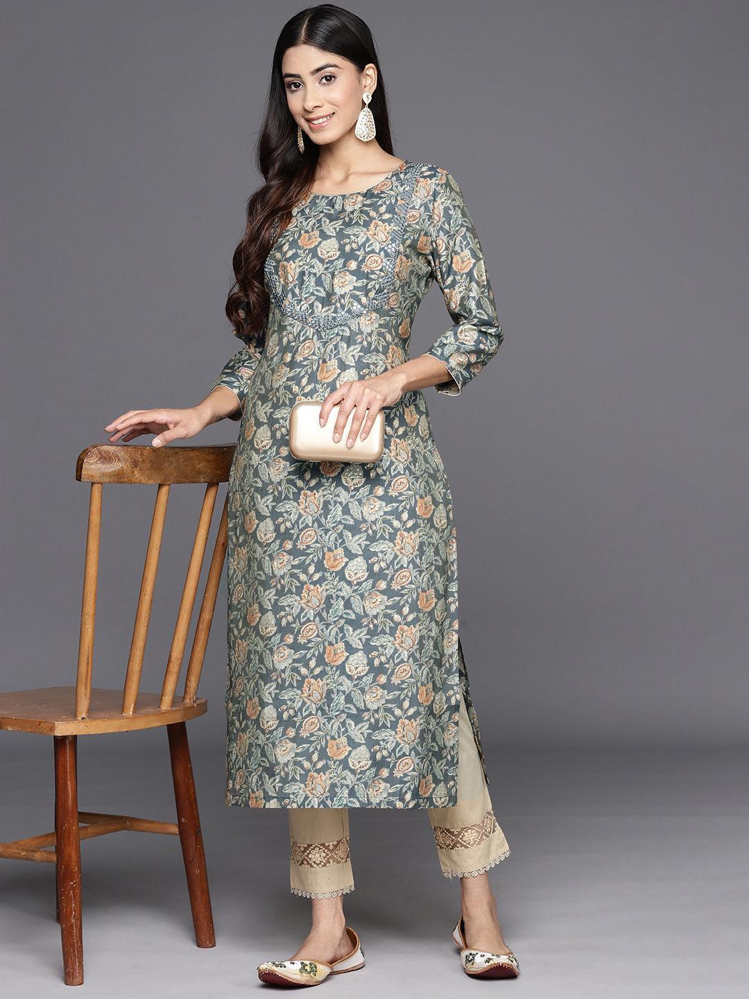 Grey Printed Silk Straight Kurta