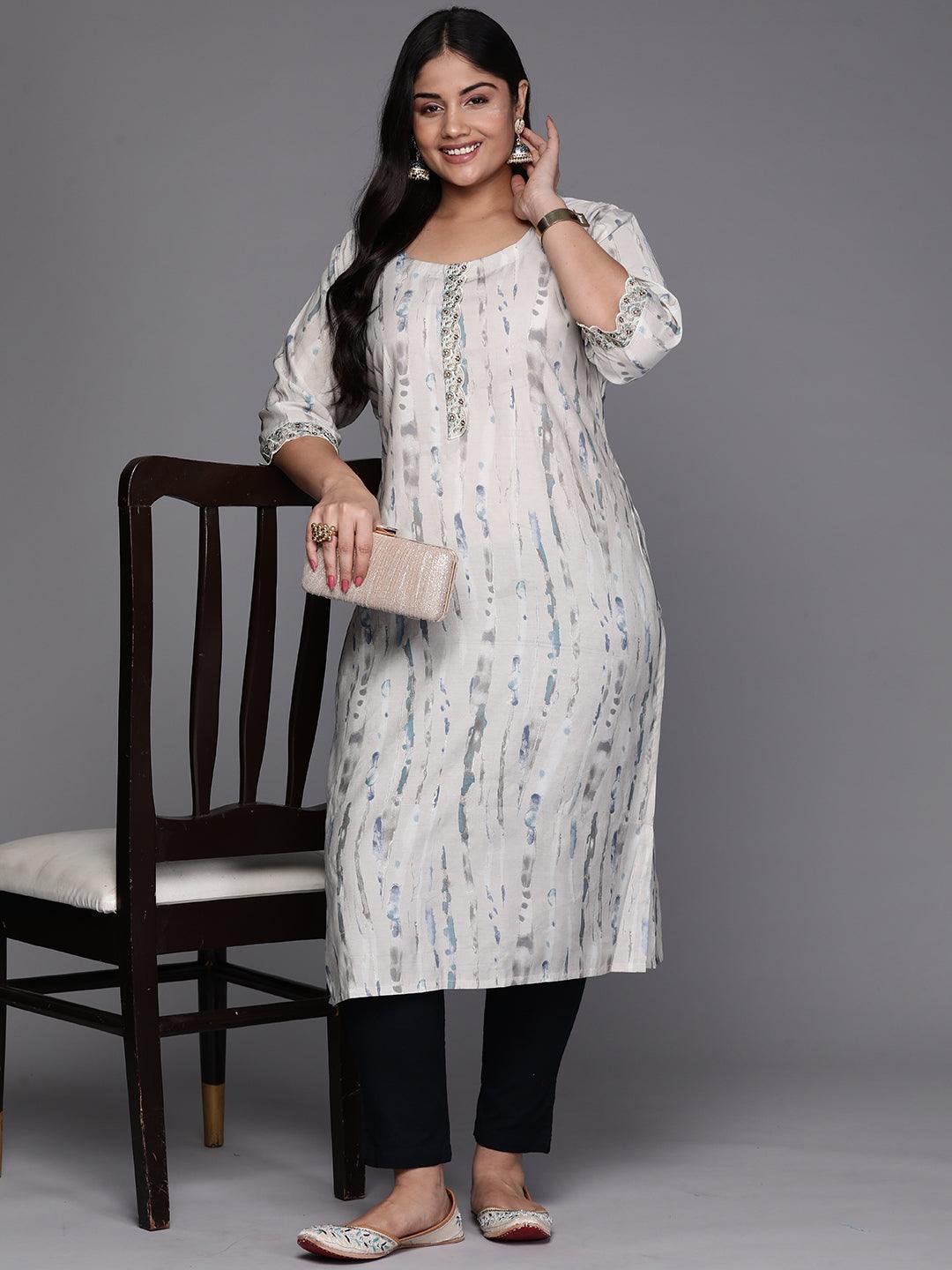 Grey Printed Silk Straight Kurta - Libas