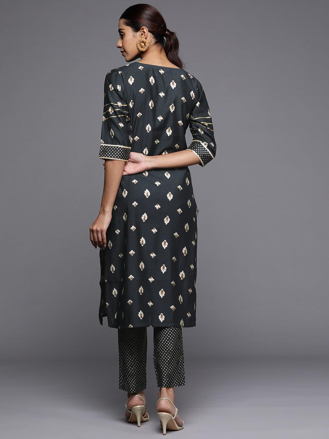 Grey Printed Silk Straight Kurta