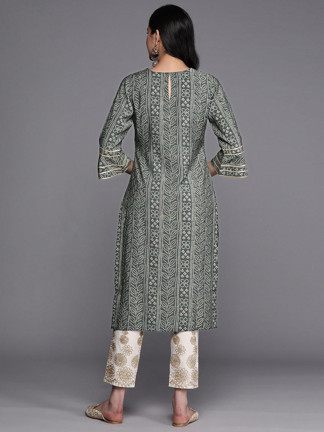 Grey Printed Silk Straight Kurta