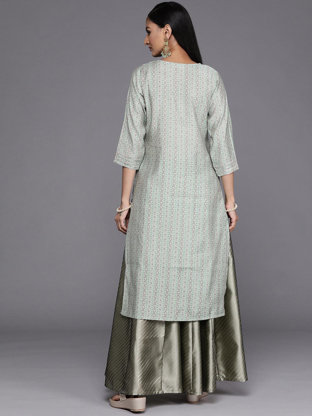 Grey Printed Silk Straight Kurta