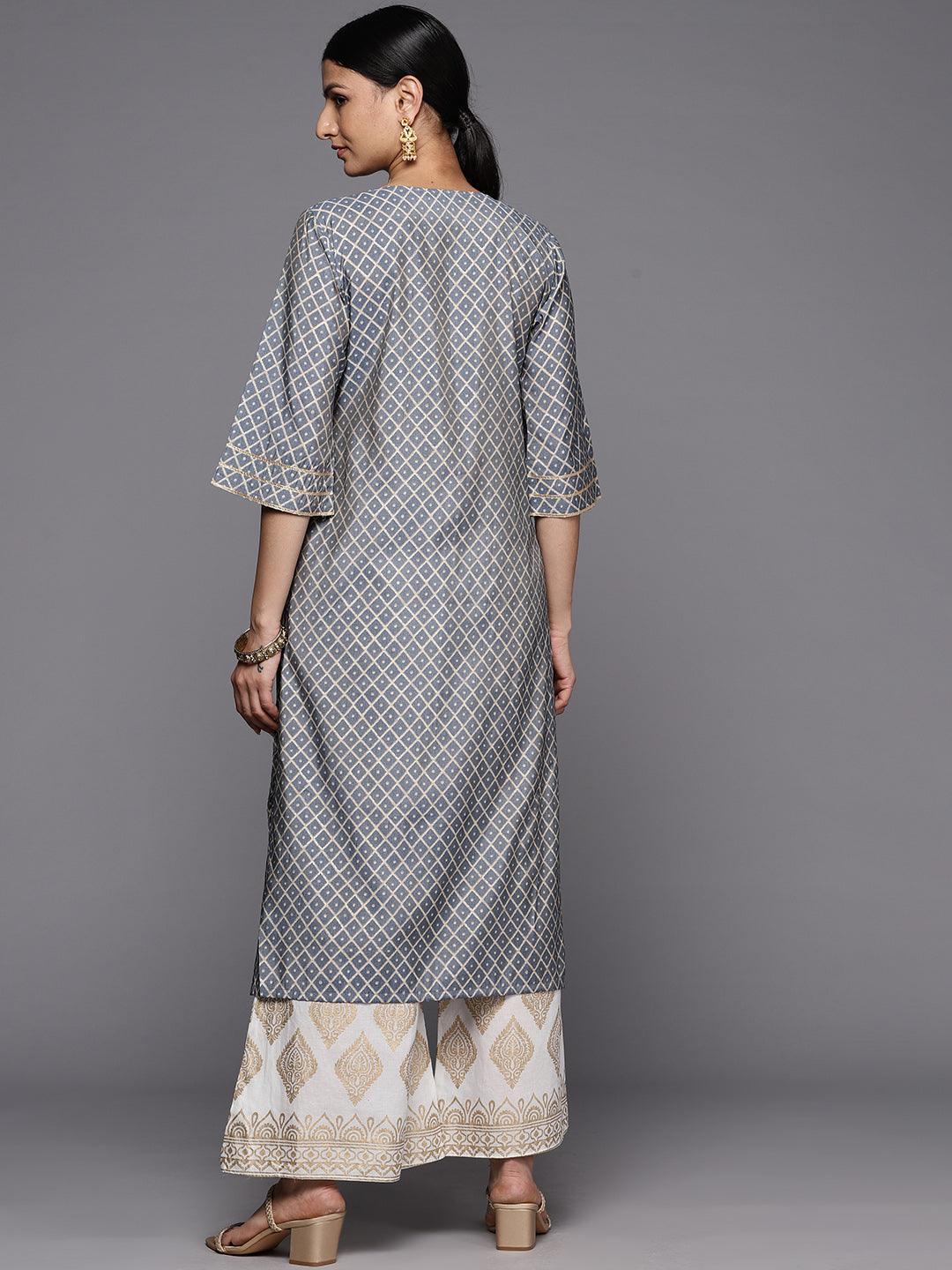 Grey Printed Silk Straight Kurta - ShopLibas