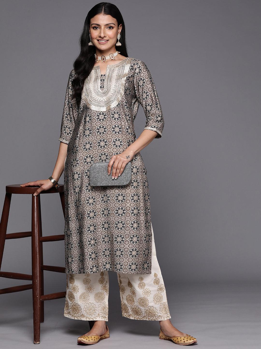 Grey Printed Silk Straight Kurta