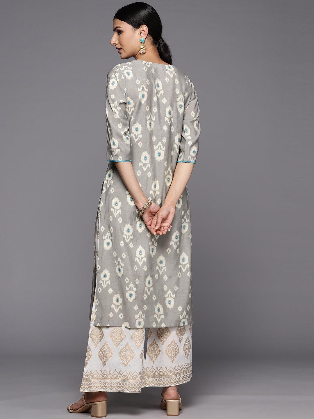 Grey Printed Silk Straight Kurta