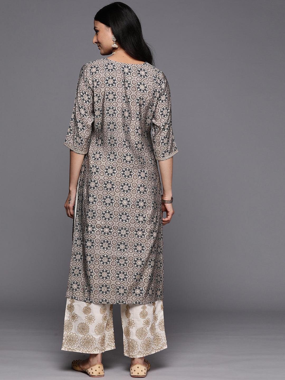 Grey Printed Silk Straight Kurta