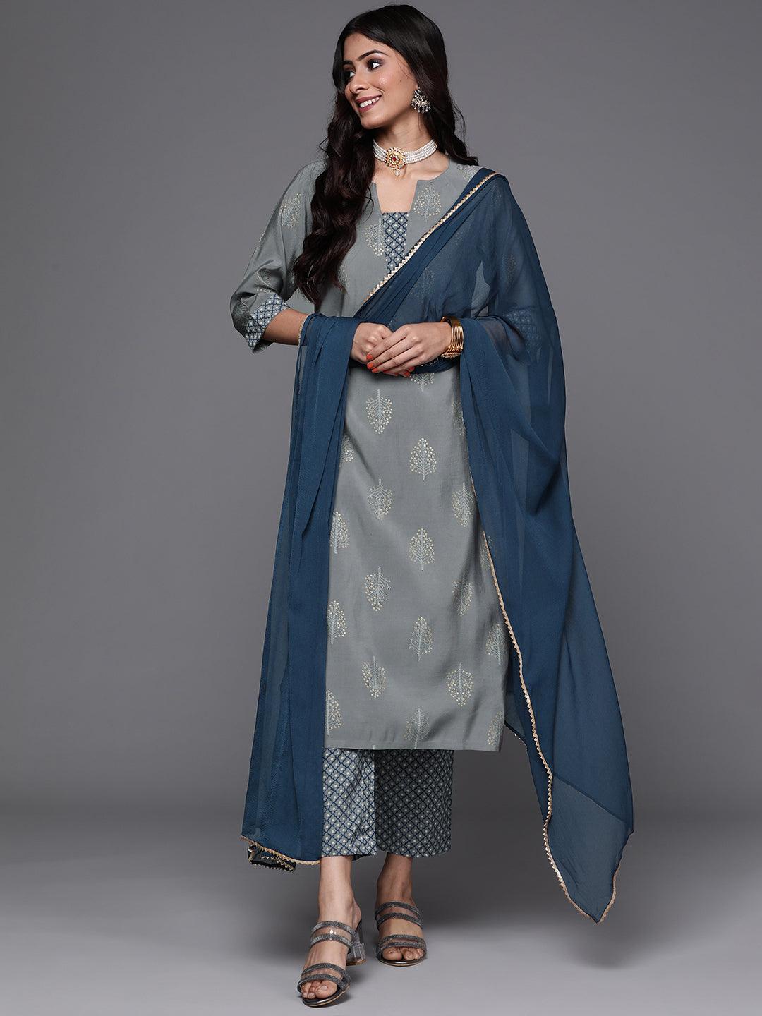 Grey Printed Silk Suit Set - ShopLibas