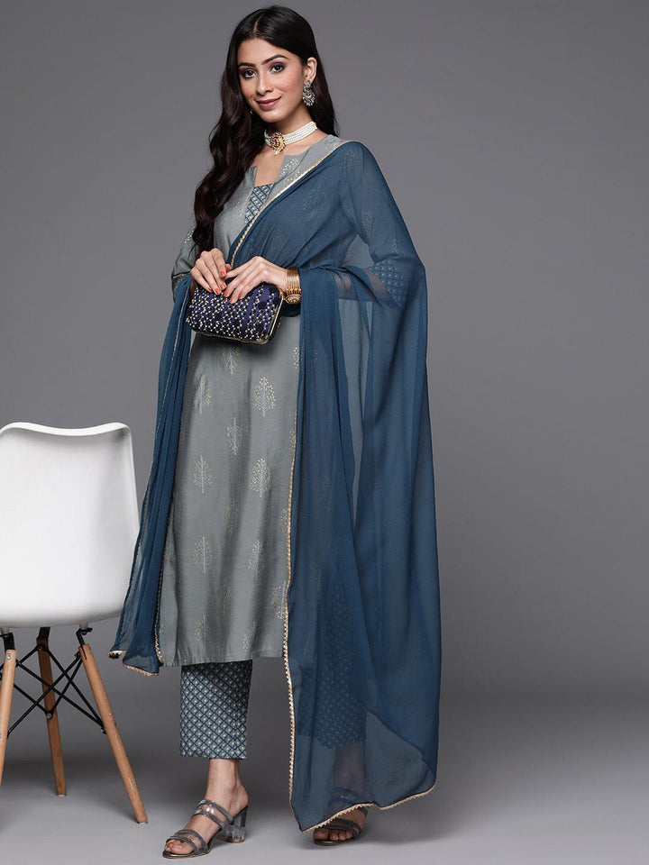 Grey Printed Silk Suit Set - ShopLibas