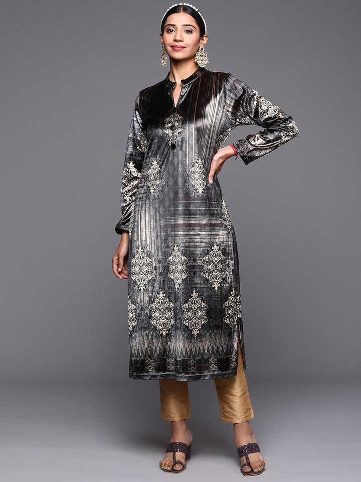 Grey Printed Velvet Straight Kurta - ShopLibas