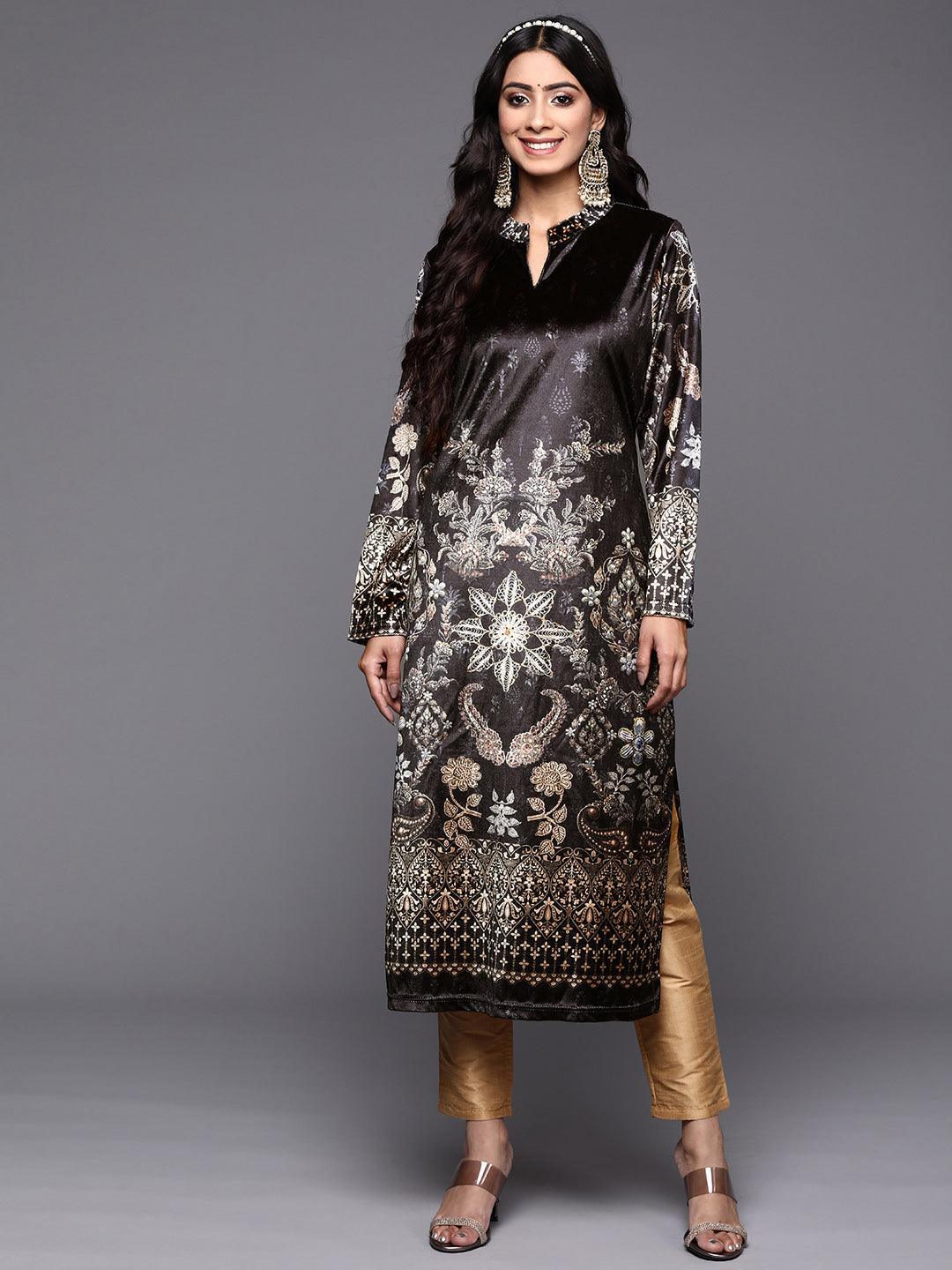 Grey Printed Velvet Straight Kurta