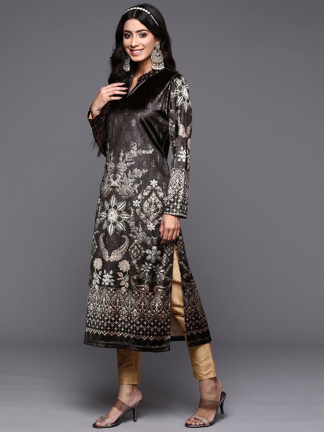 Grey Printed Velvet Straight Kurta