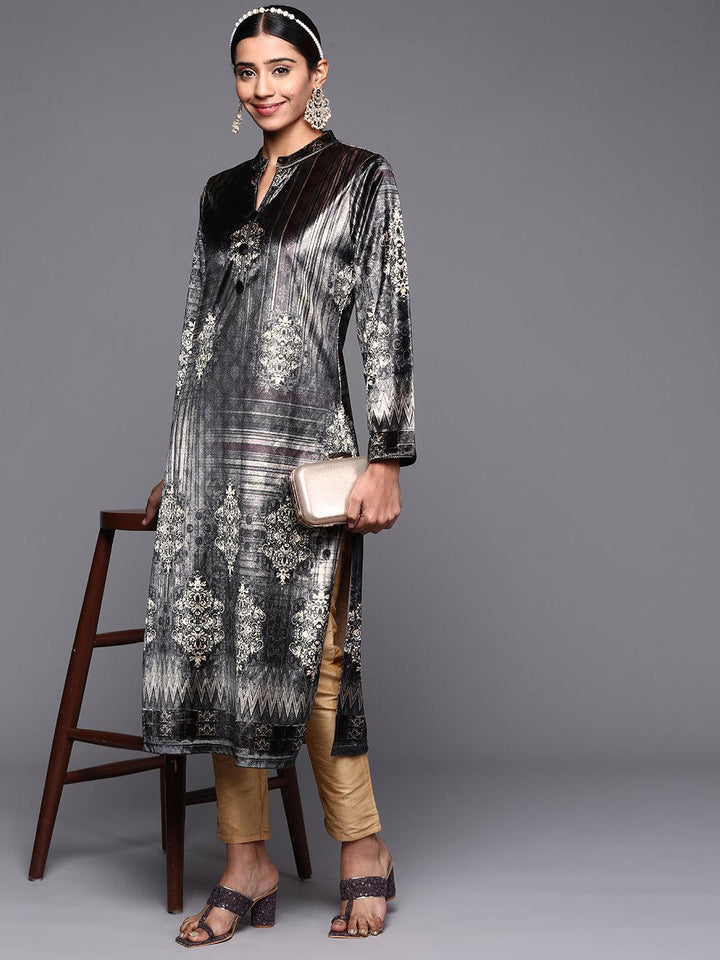 Grey Printed Velvet Straight Kurta - ShopLibas