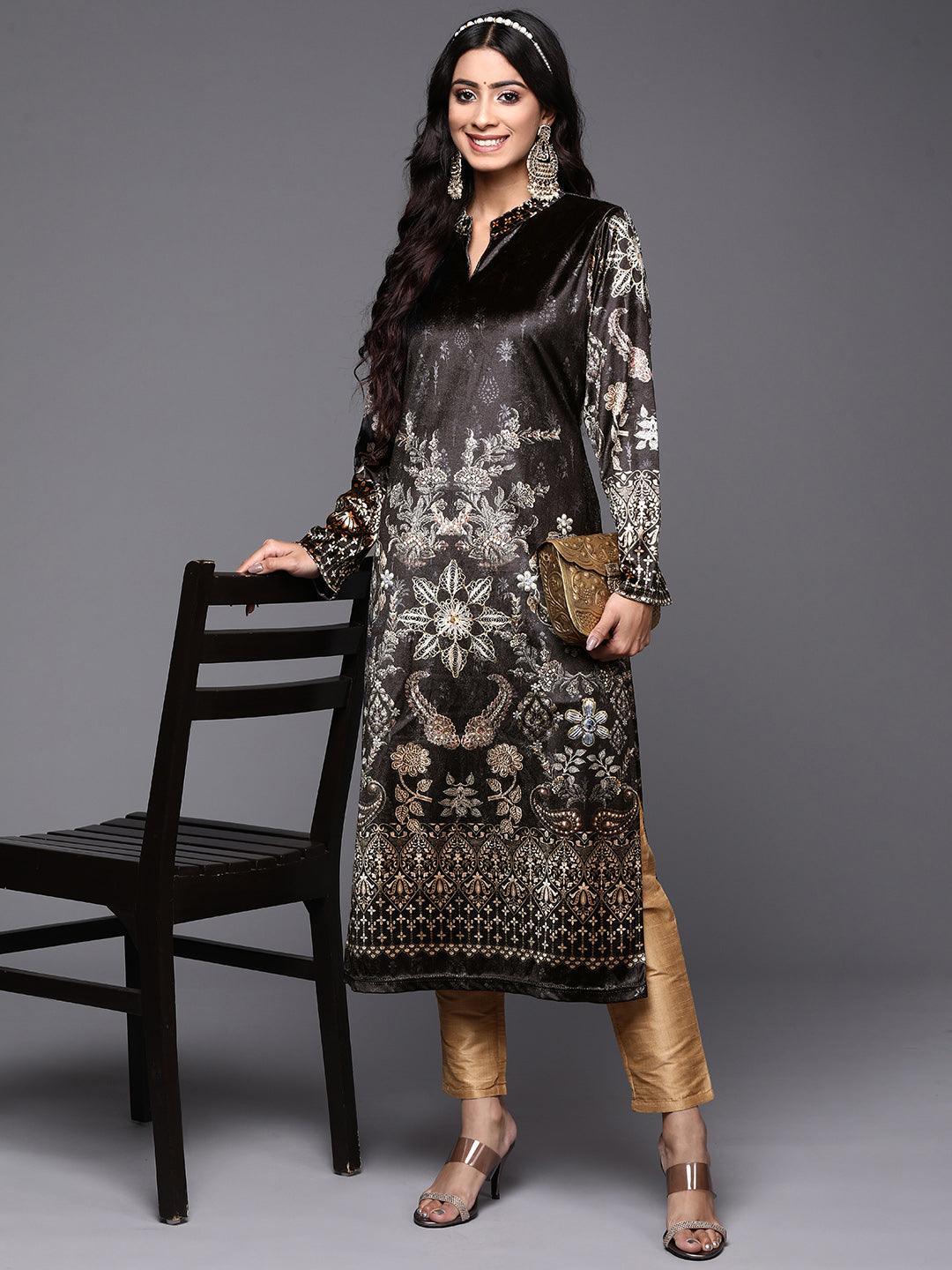 Grey Printed Velvet Straight Kurta