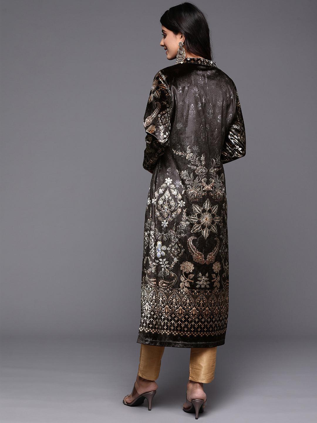 Grey Printed Velvet Straight Kurta