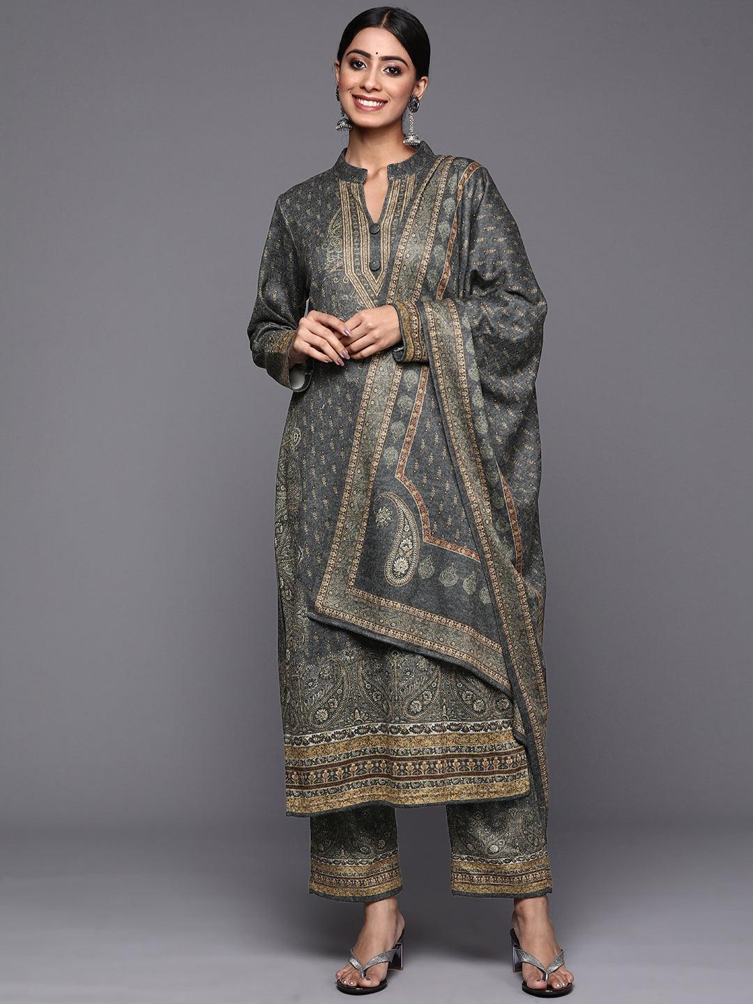 Grey Printed Wool Straight Suit Set