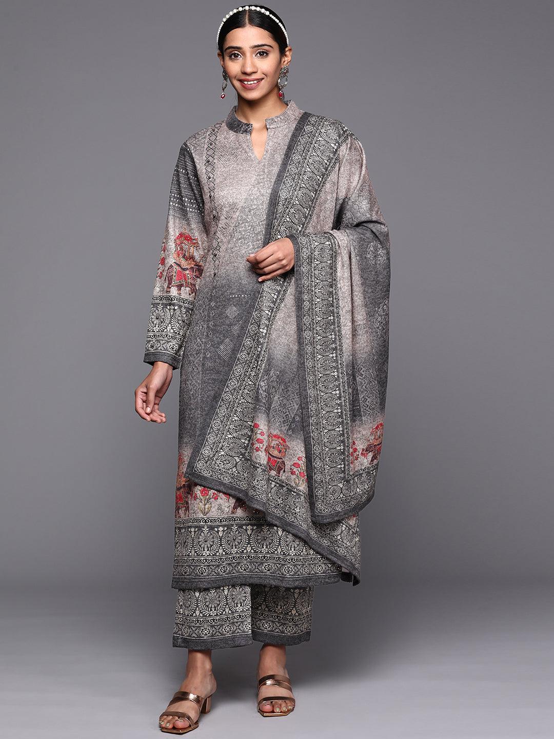 Grey Printed Wool Straight Suit Set