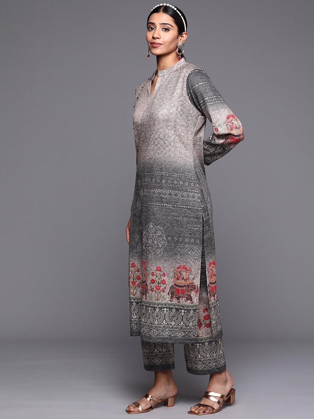 Grey Printed Wool Straight Suit Set