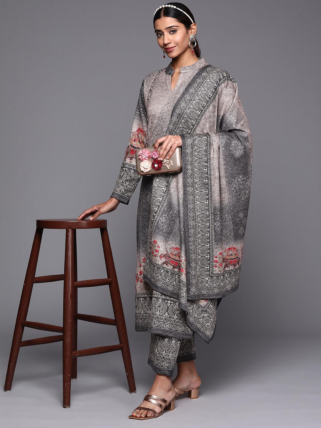 Grey Printed Wool Straight Suit Set