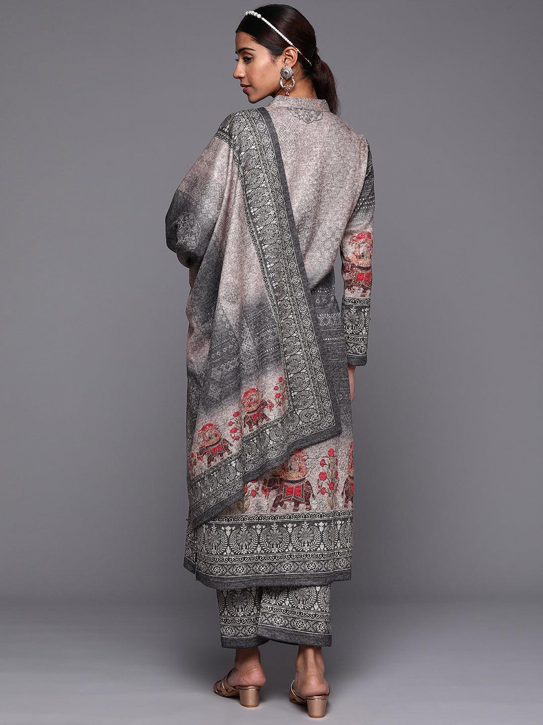 Grey Printed Wool Straight Suit Set