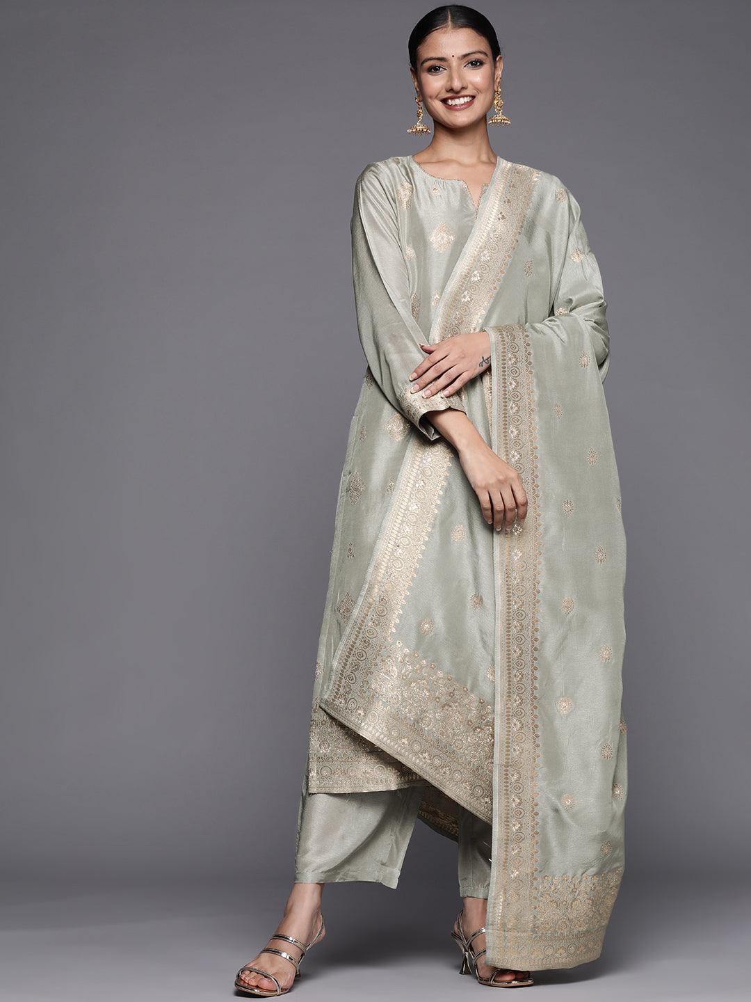 Grey Self Design Chanderi Silk Straight Suit Set