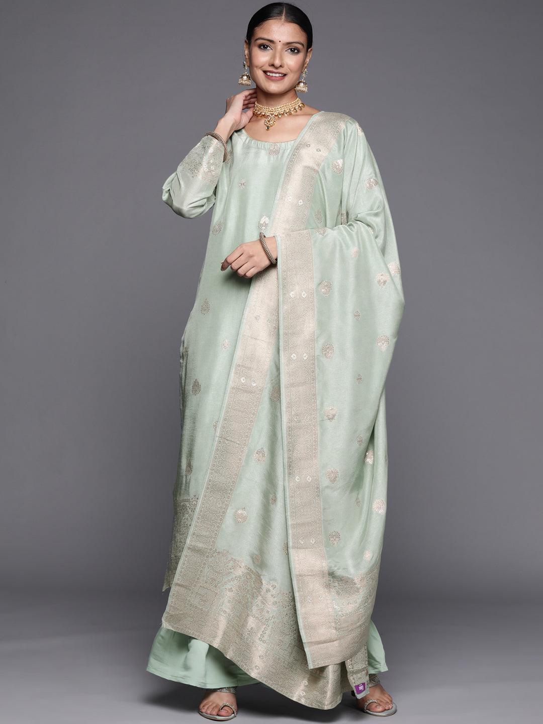 Grey Self Design Chanderi Silk Straight Suit Set - ShopLibas