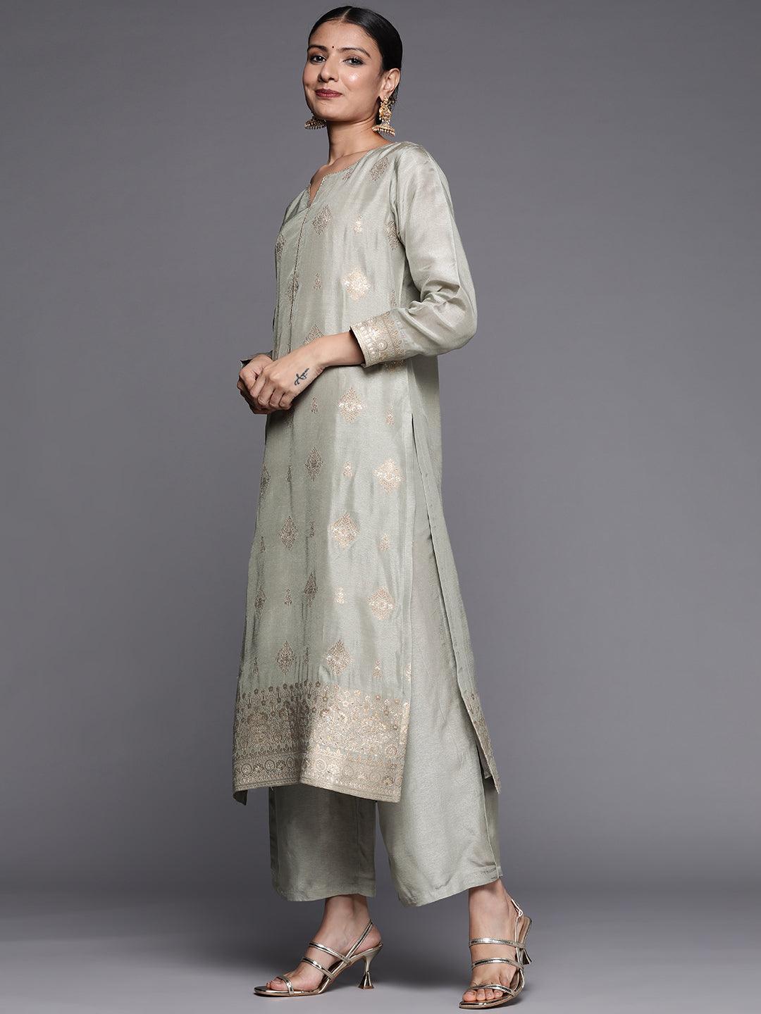 Grey Self Design Chanderi Silk Straight Suit Set