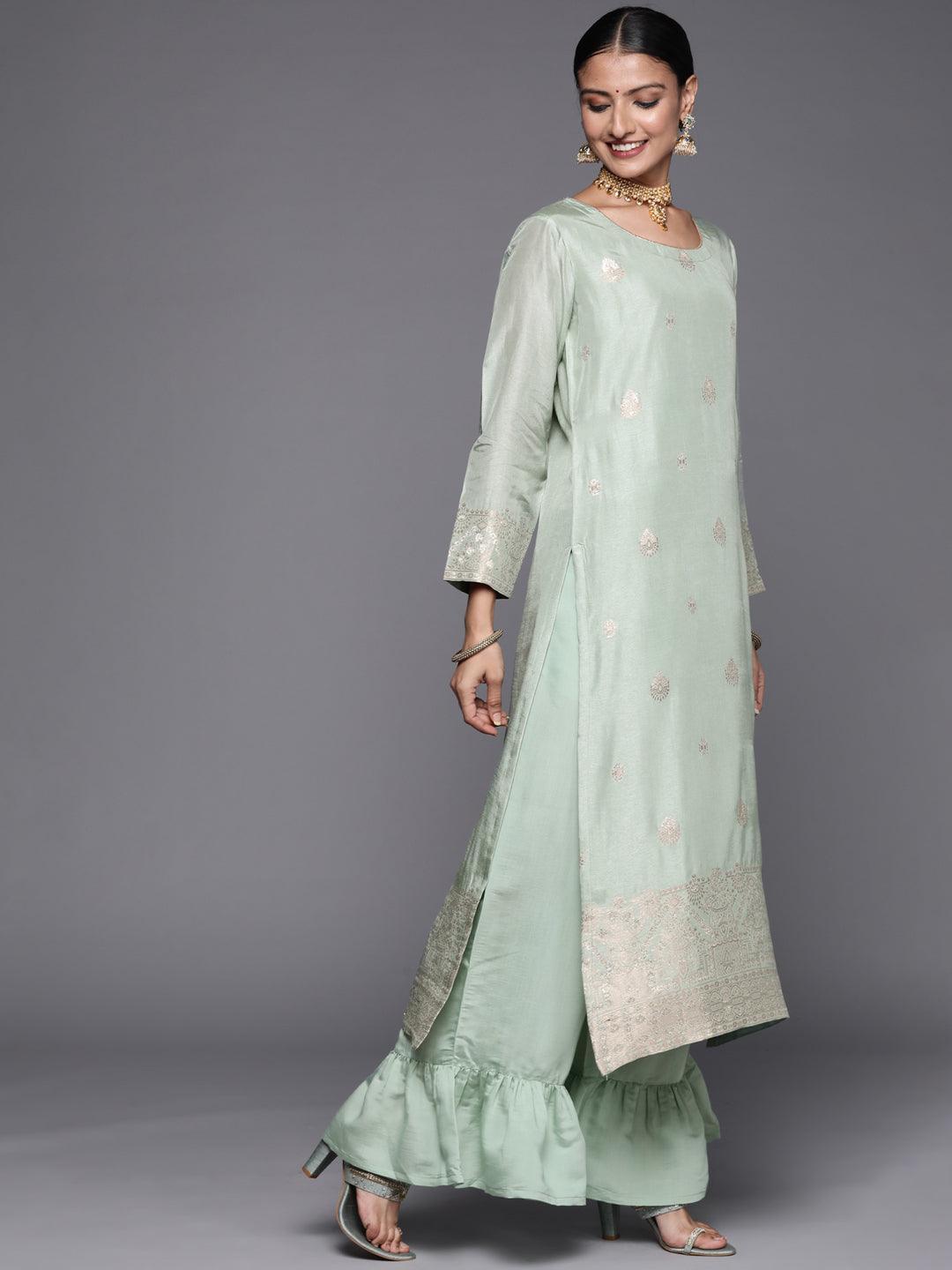 Grey Self Design Chanderi Silk Straight Suit Set - ShopLibas