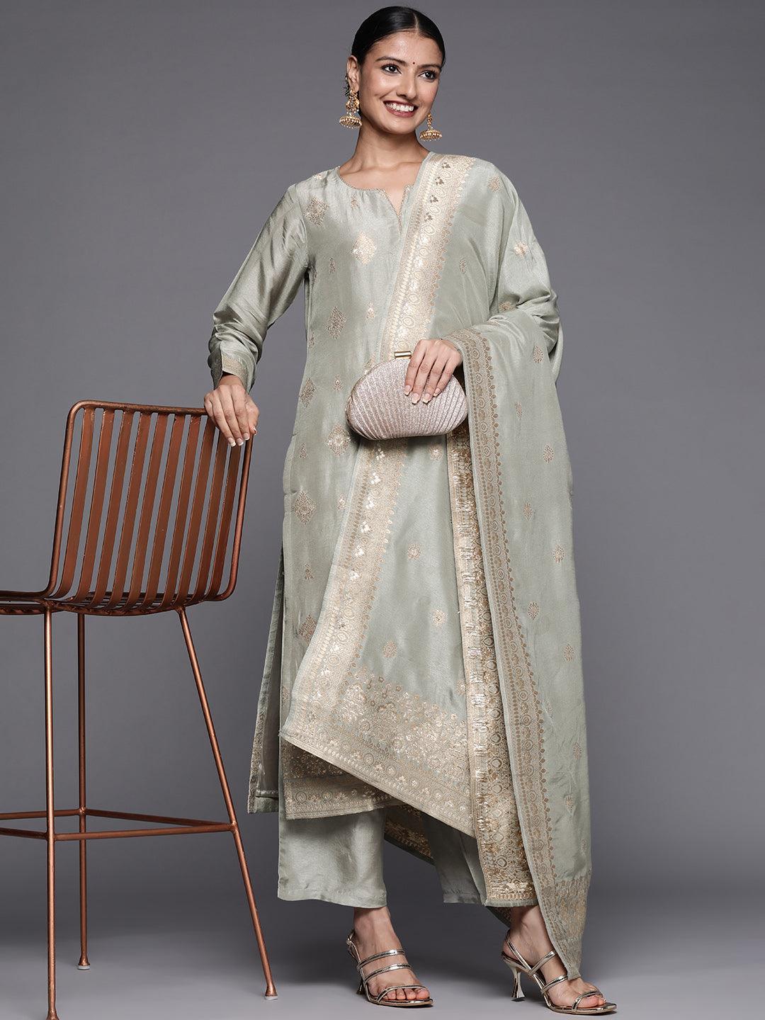 Grey Self Design Chanderi Silk Straight Suit Set