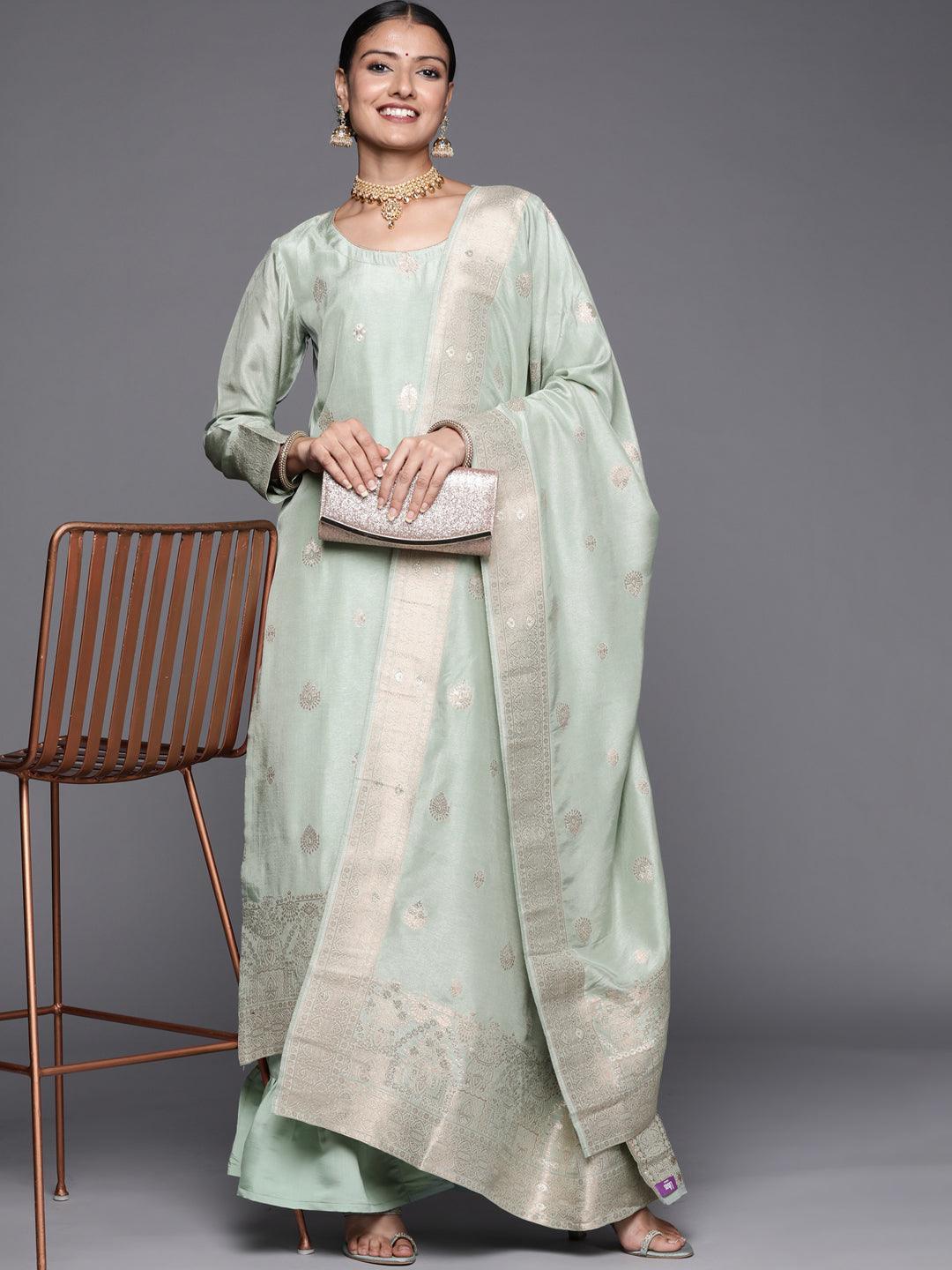 Grey Self Design Chanderi Silk Straight Suit Set - ShopLibas