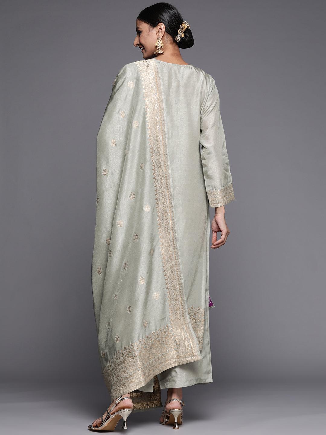 Grey Self Design Chanderi Silk Straight Suit Set