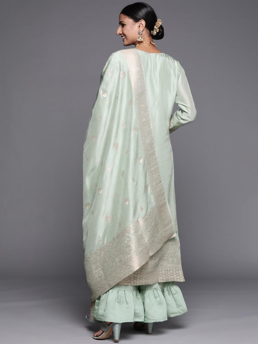 Grey Self Design Chanderi Silk Straight Suit Set