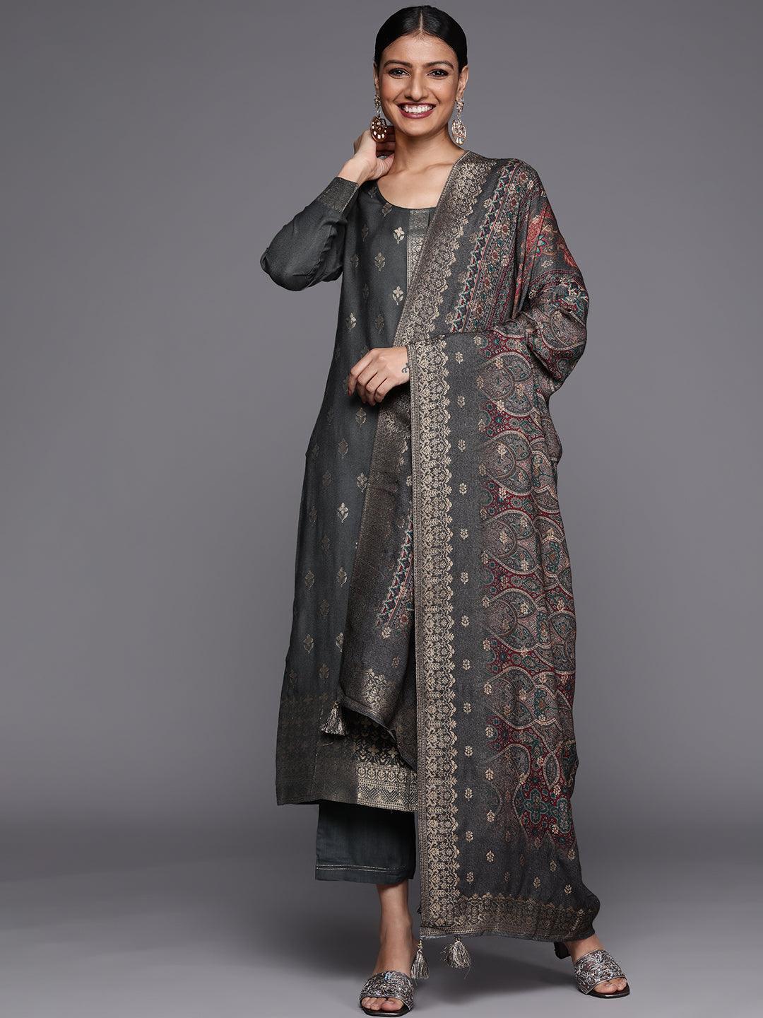 Grey Self Design Pashmina Wool Straight Suit Set