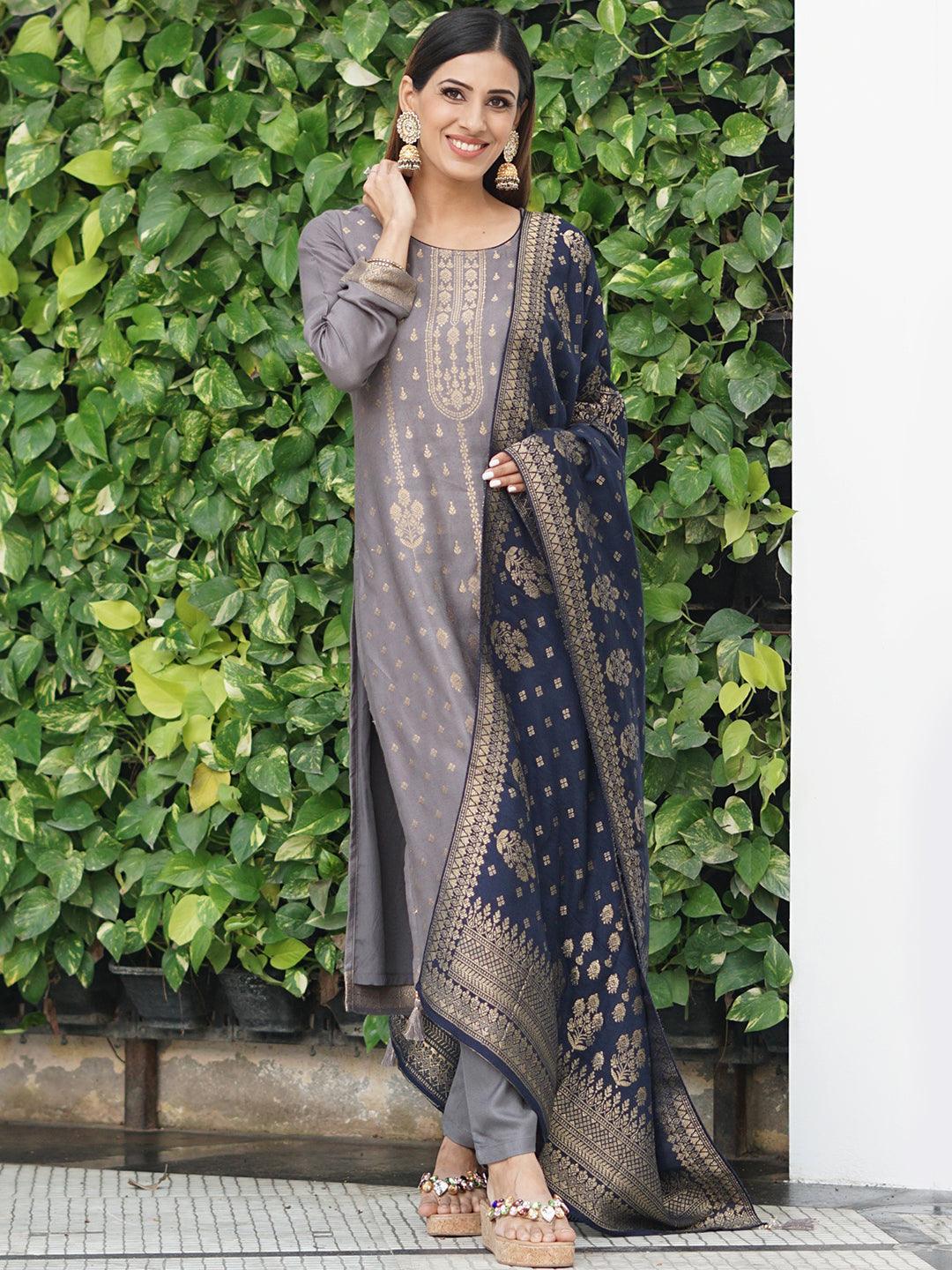 Grey Self Design Pashmina Wool Straight Suit Set