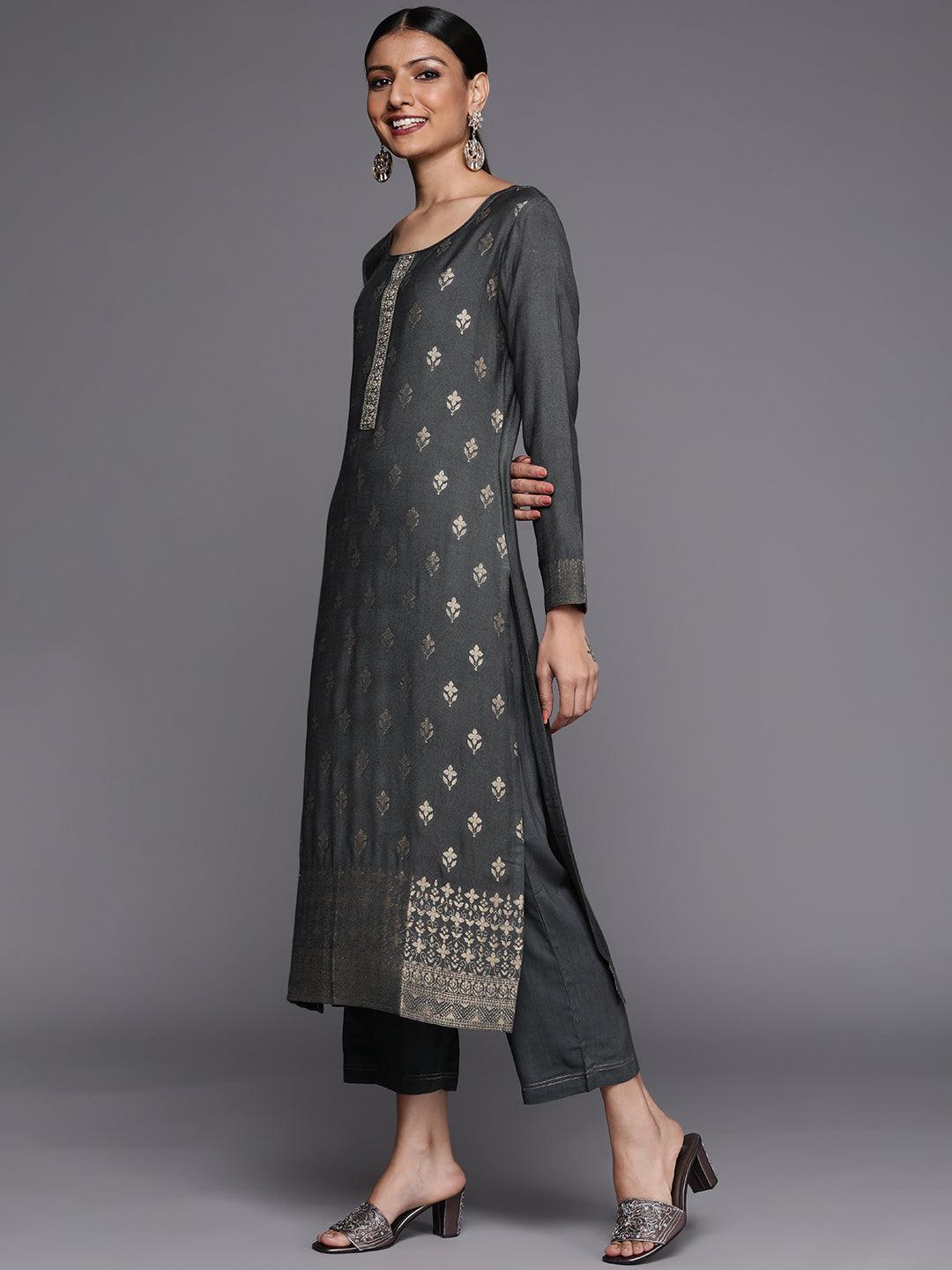 Grey Self Design Pashmina Wool Straight Suit Set