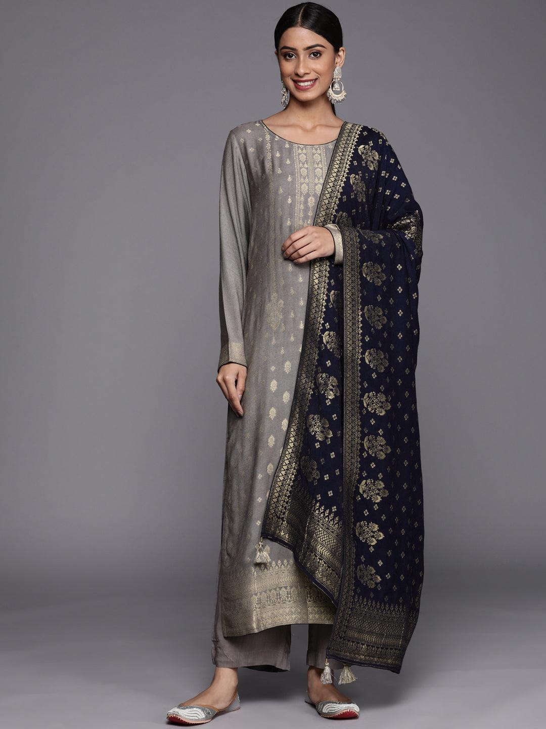 Grey Self Design Pashmina Wool Straight Suit Set