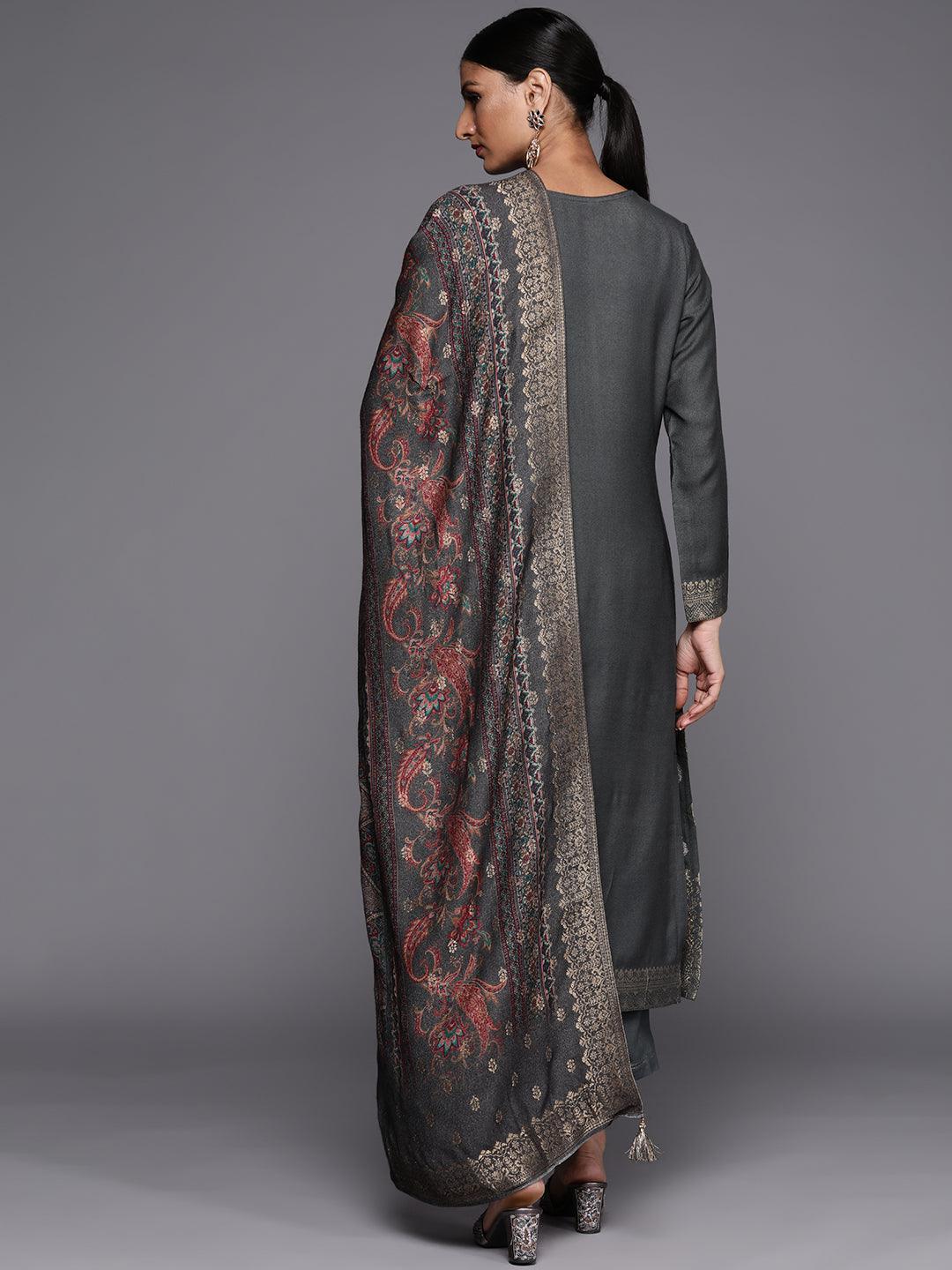 Grey Self Design Pashmina Wool Straight Suit Set