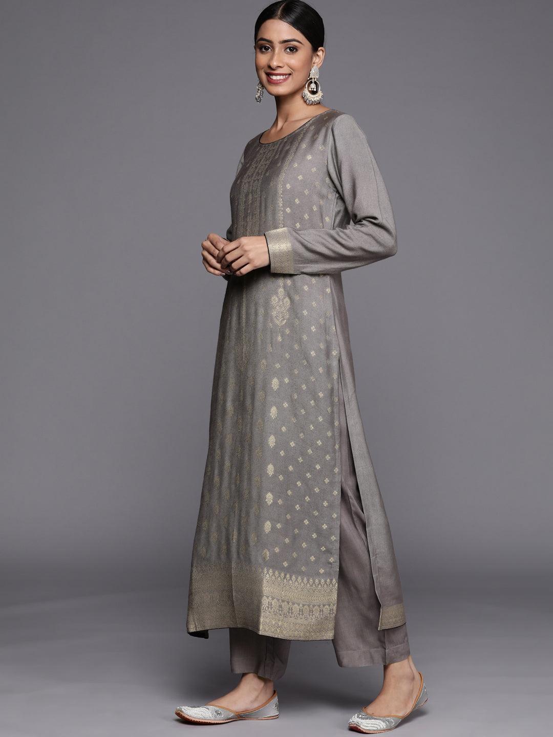 Grey Self Design Pashmina Wool Straight Suit Set