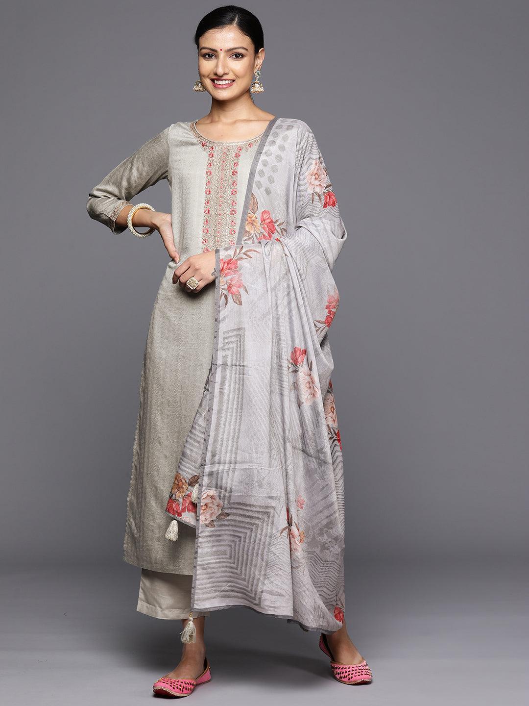 Grey Self Design Rayon Straight Kurta With Trousers & Dupatta - Libas