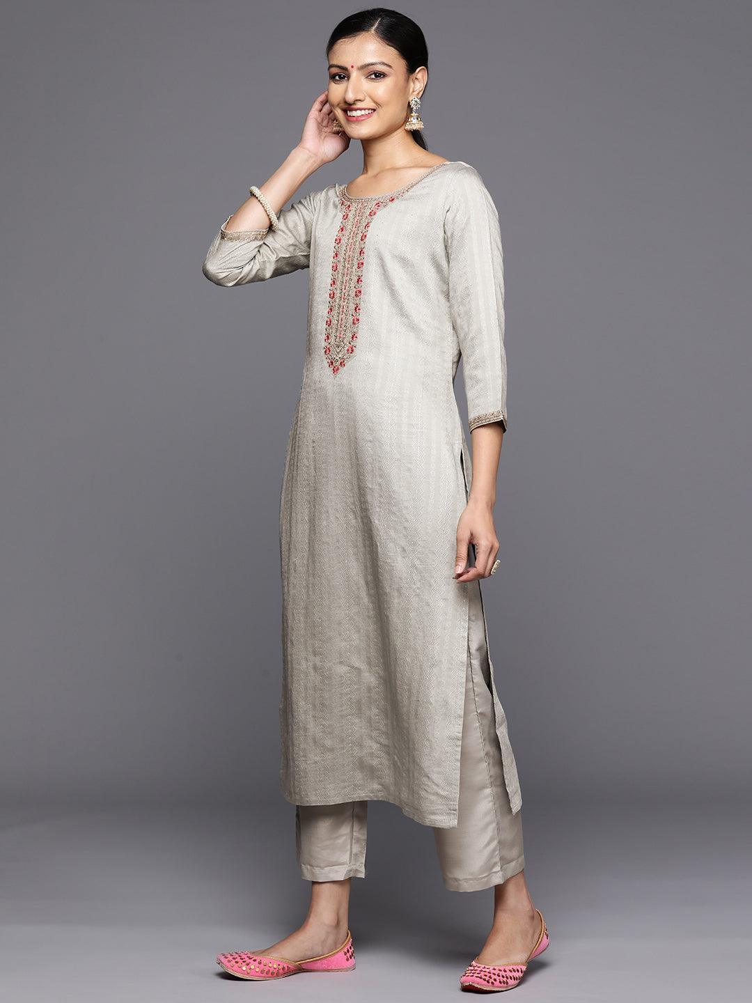 Grey Self Design Rayon Straight Kurta With Trousers & Dupatta