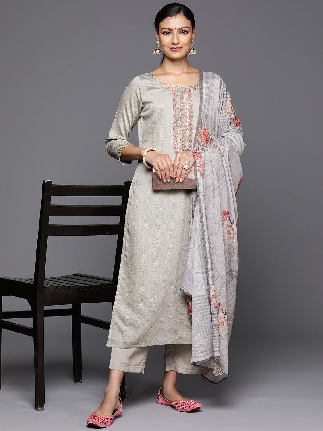 Grey Self Design Rayon Straight Kurta With Trousers & Dupatta