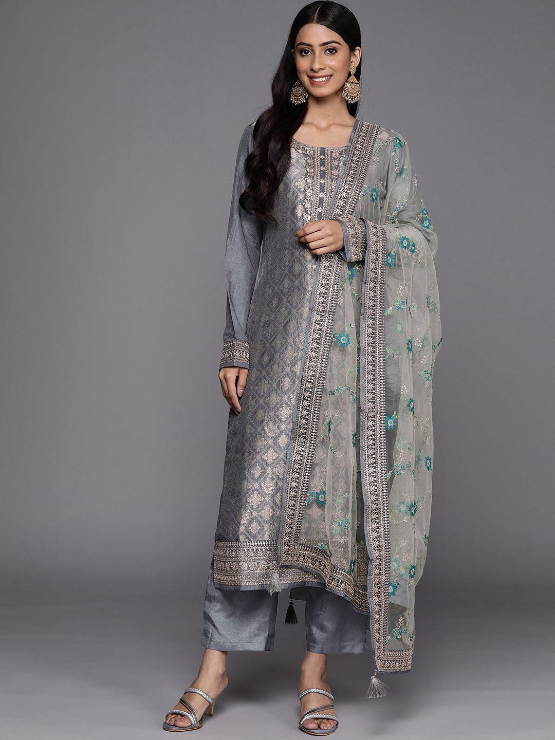 Grey Self Design Silk Blend Straight Suit Set