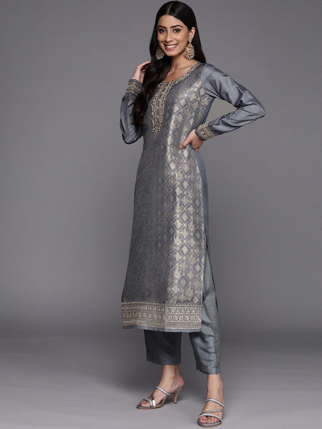 Grey Self Design Silk Blend Straight Suit Set