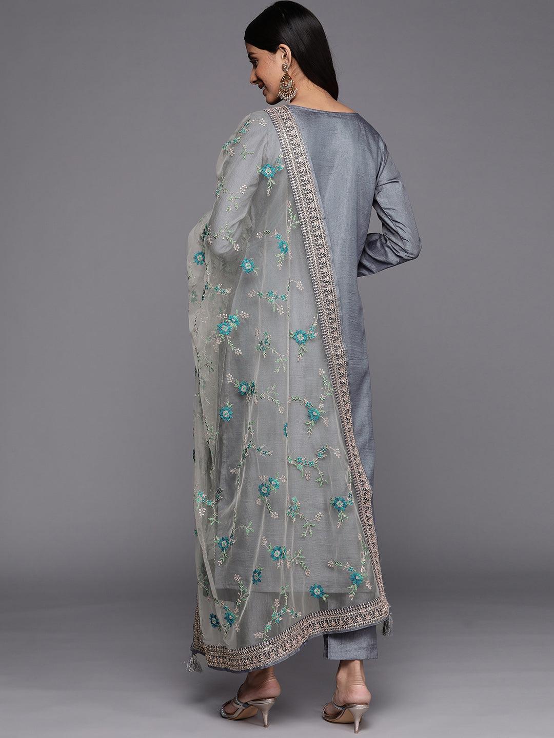 Grey Self Design Silk Blend Straight Suit Set