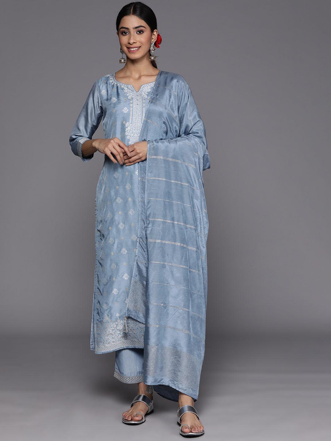 Grey Self Design Silk Blend Suit Set With Trousers